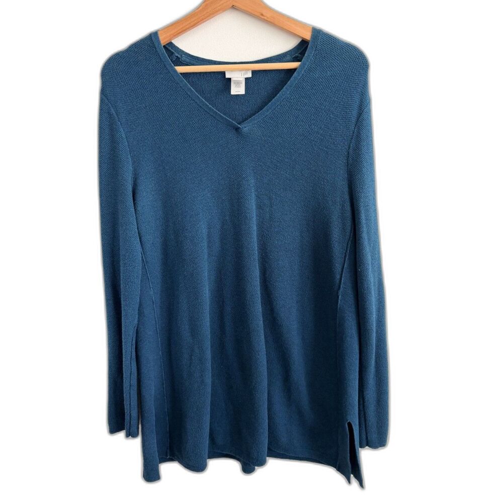 J. Jill Women Large Teal Blue V-Neck Tunic Sweater Cotton Silk Wool Side Slit